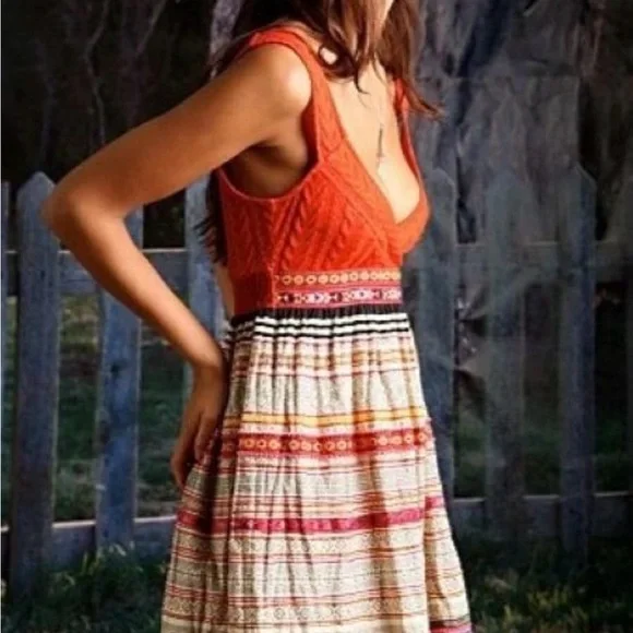 Rare Free People Vintage Romantic V Neck Sweater Festival Market Boho Dress 2 S - Picture 2 of 12